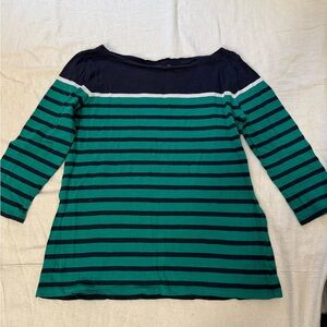 Ann Taylor Classic Navy Blue and Green Stripe Blouse
